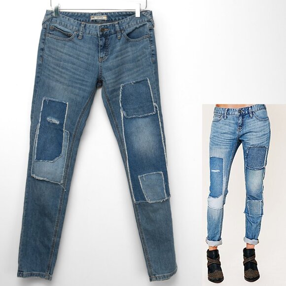 Free People Denim - Free People Patched Jean Skinny Mid Rise Denim Patchwork Blue Size 28